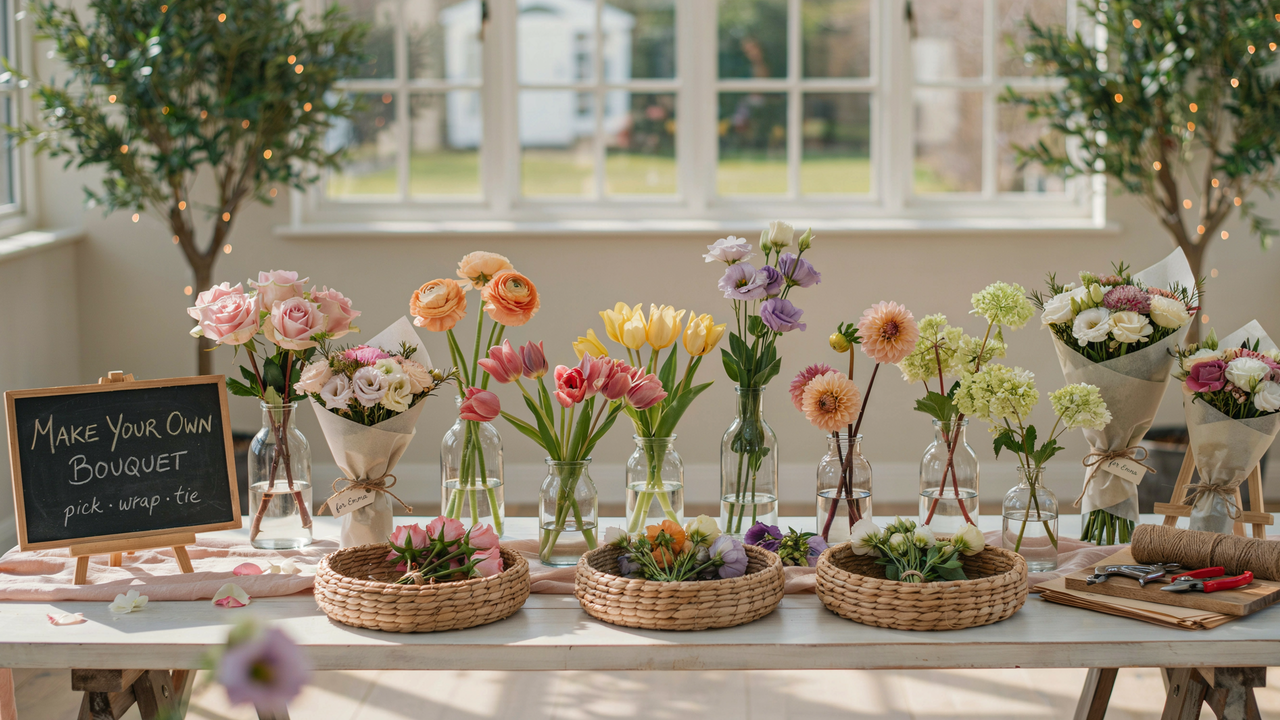 A bright, sunlit indoor photo of a 'Make Your Own Bouquet' workshop setup on a white table. The scene features various bouquets of pink roses, orange ranunculus, yellow and pink tulips, and white hydrangeas in glass vases and woven baskets, alongside a small chalkboard sign, floral wrap materials, and crafting tools.