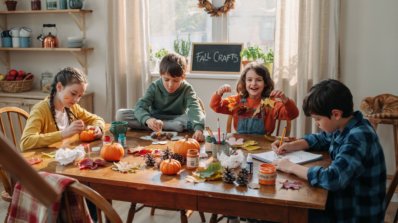 A group of kids sitting around a wooden table in a bright kitchen, engaged in autumn-themed DIY crafts with pumpkins, pinecones, and colorful leaves. 