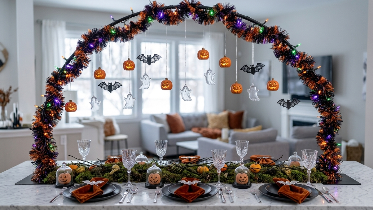 A festive Halloween dinner table set with black plates, orange napkins, and crystal glasses, centered under a large arched frame decorated with orange and black tinsel, colorful lights, and hanging jack-o'-lantern and bat ornaments. The scene is set in a bright, modern living room with a white sofa and large windows in the background.