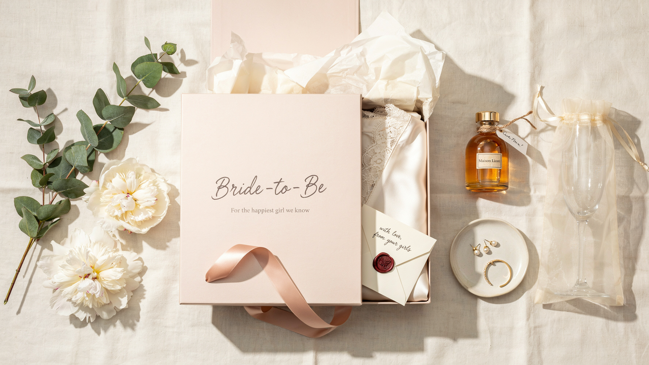 A flat lay photograph of a pink 'Bride-to-Be' gift box filled with white lace and a pink ribbon, surrounded by eucalyptus branches, white peonies, a bottle of Maison Léon perfume, a small dish with gold jewelry, and a champagne flute in a sheer bag, all set against a white linen background.