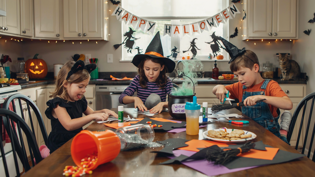 A wide-angle photo of three children in Halloween costumes making crafts at a kitchen table. The girl on the left wears a black dress and bat headband, the middle girl wears a witch's hat and striped shirt, and the boy on the right wears an orange shirt and denim overalls with a witch's hat. The kitchen is decorated with a 'Happy Halloween' banner, a carved pumpkin, and a cat sitting on the counter in the background.