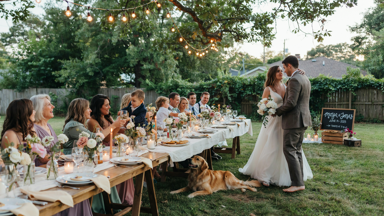 A wide-angle photo of a backyard wedding reception at dusk, featuring a bride and groom standing together while a long wooden table is set for a dinner party with guests seated and toasting. A golden retriever lies on the grass nearby, and string lights hang from a large tree over the scene.