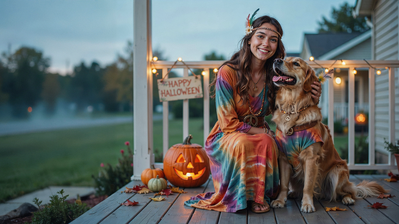 A woman in a colorful tie-dye dress and a feathered headband sits on a wooden porch next to a golden retriever wearing a matching tie-dye shirt. A carved jack-o'-lantern glows in the foreground, and a 'Happy Halloween' sign hangs on the porch railing under string lights.