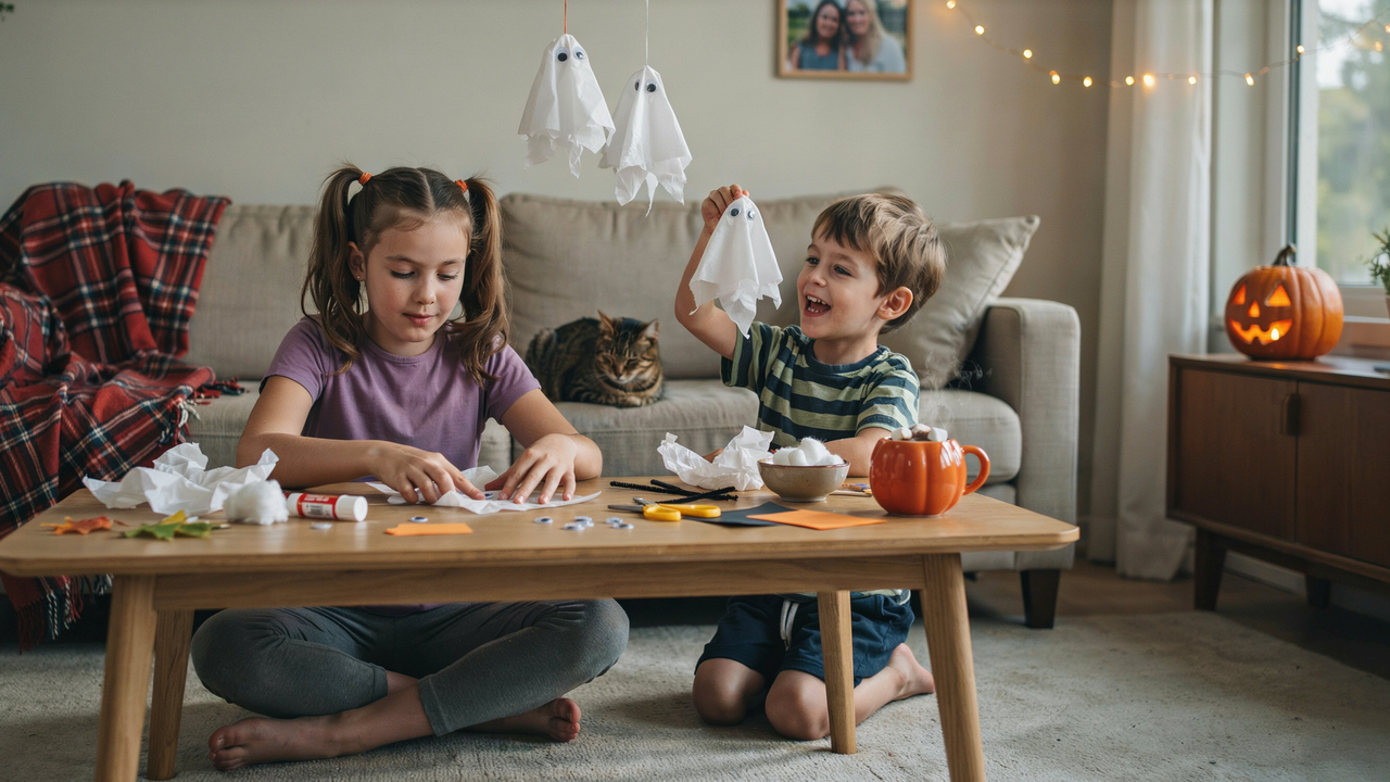 A wide-angle photo of two children sitting on the floor in a living room, crafting white paper ghosts for Halloween. The girl on the left wears a purple shirt and grey leggings, while the boy on the right wears a striped shirt and blue shorts, holding up a finished ghost. A cat rests on the sofa behind them, and a carved pumpkin sits on a wooden sideboard in the background.