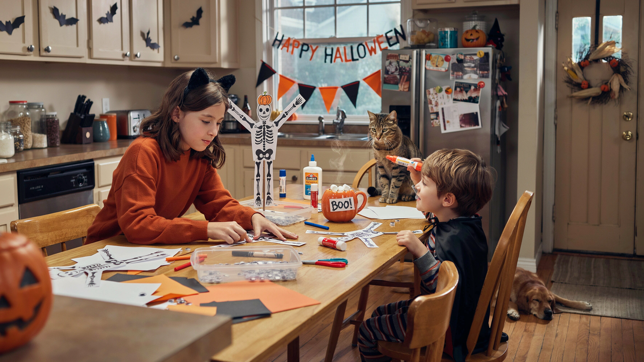 A wide-angle photo of two children sitting at a wooden kitchen table, crafting Halloween decorations with paper and glue. A girl in an orange sweater and cat ears works on a skeleton craft, while a boy in a black cape looks on. A tabby cat sits on a chair in the background next to a stainless steel refrigerator decorated with photos, and a carved pumpkin sits in the foreground.