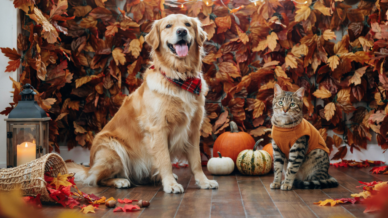 A golden retriever wearing a red plaid bowtie and a tabby cat wearing an orange sweater sit side-by-side on a wooden floor in front of a wall covered in autumn leaves and string lights. The scene is decorated with pumpkins, lanterns with lit candles, and scattered fall foliage.