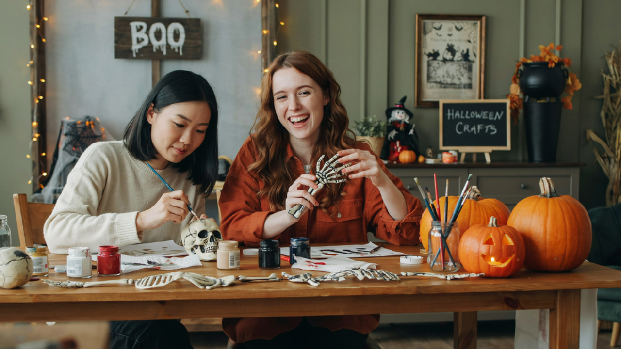 A wide-angle photo of two women sitting at a wooden table, crafting Halloween decorations including a skull and a skeleton hand. The room is decorated for Halloween with pumpkins, a 'BOO' sign, and string lights, while a black cat sleeps on a green velvet chair in the background.