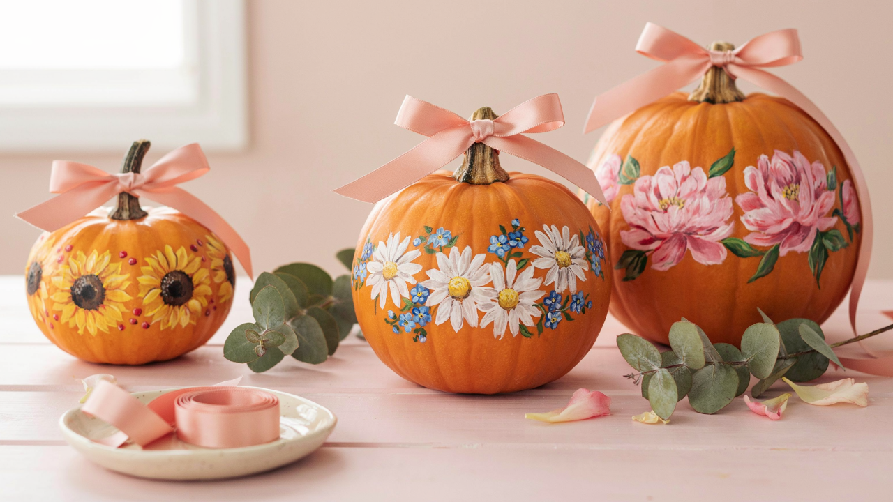 A still life photograph of three hand-painted pumpkins on a light pink wooden surface, decorated with sunflowers, daisies, and peonies, each tied with a pink ribbon. Green eucalyptus sprigs and a small dish with a roll of pink ribbon are scattered around the pumpkins in front of a soft pink wall and a window.