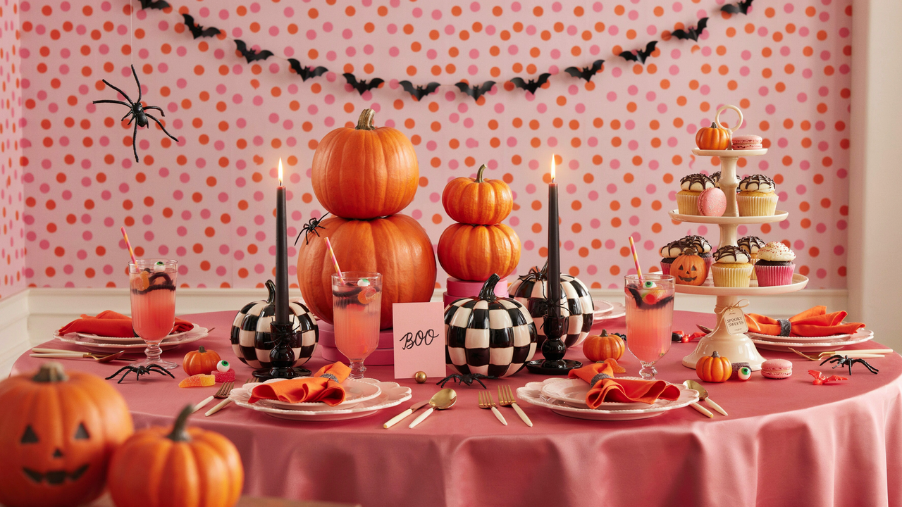 A festive Halloween-themed table setting with a pink polka-dot wallpaper background, featuring stacked pumpkins, black candles, checkered pumpkin vases, and a tiered stand of cupcakes and macarons. The table is covered in a pink tablecloth and set with orange napkins, glasses of pink punch, and various Halloween decorations like bats, spiders, and candy.