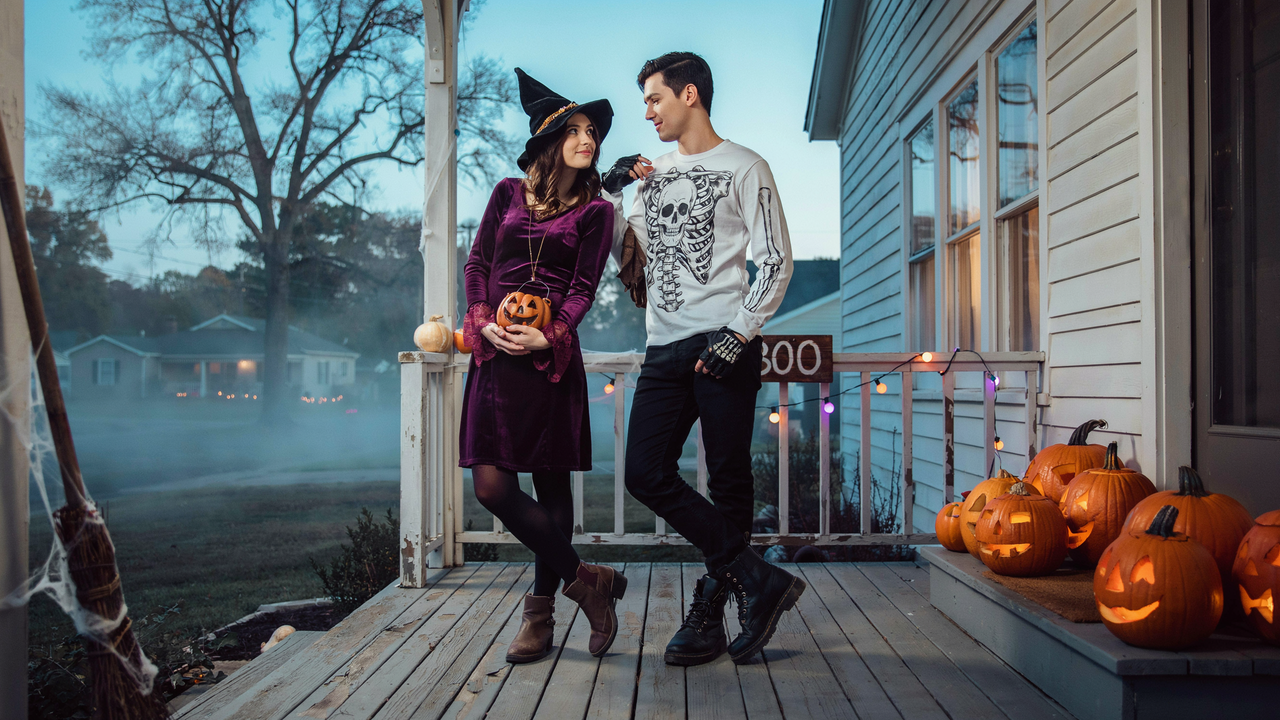 A man and a woman in Halloween costumes stand on a porch decorated with pumpkins and string lights. The woman wears a purple velvet witch dress and a pointed hat, holding a small jack-o'-lantern, while the man wears a white skeleton-themed sweatshirt and black pants. The scene is set at dusk with a misty, foggy background and a 'BOO' sign on the porch railing.