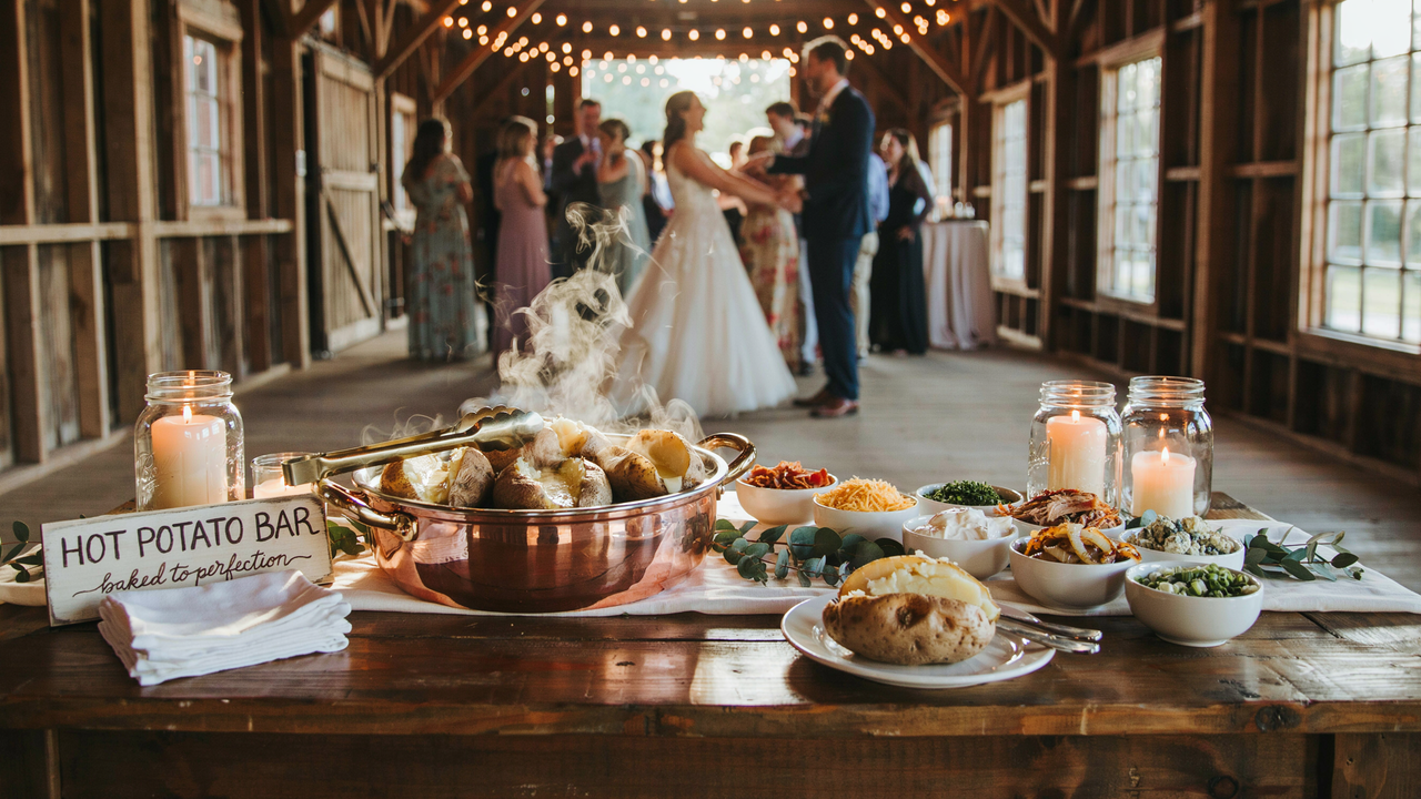 A wide-angle photo of a rustic hot potato bar set on a wooden table inside a barn, with a bride and groom dancing in the background under string lights."