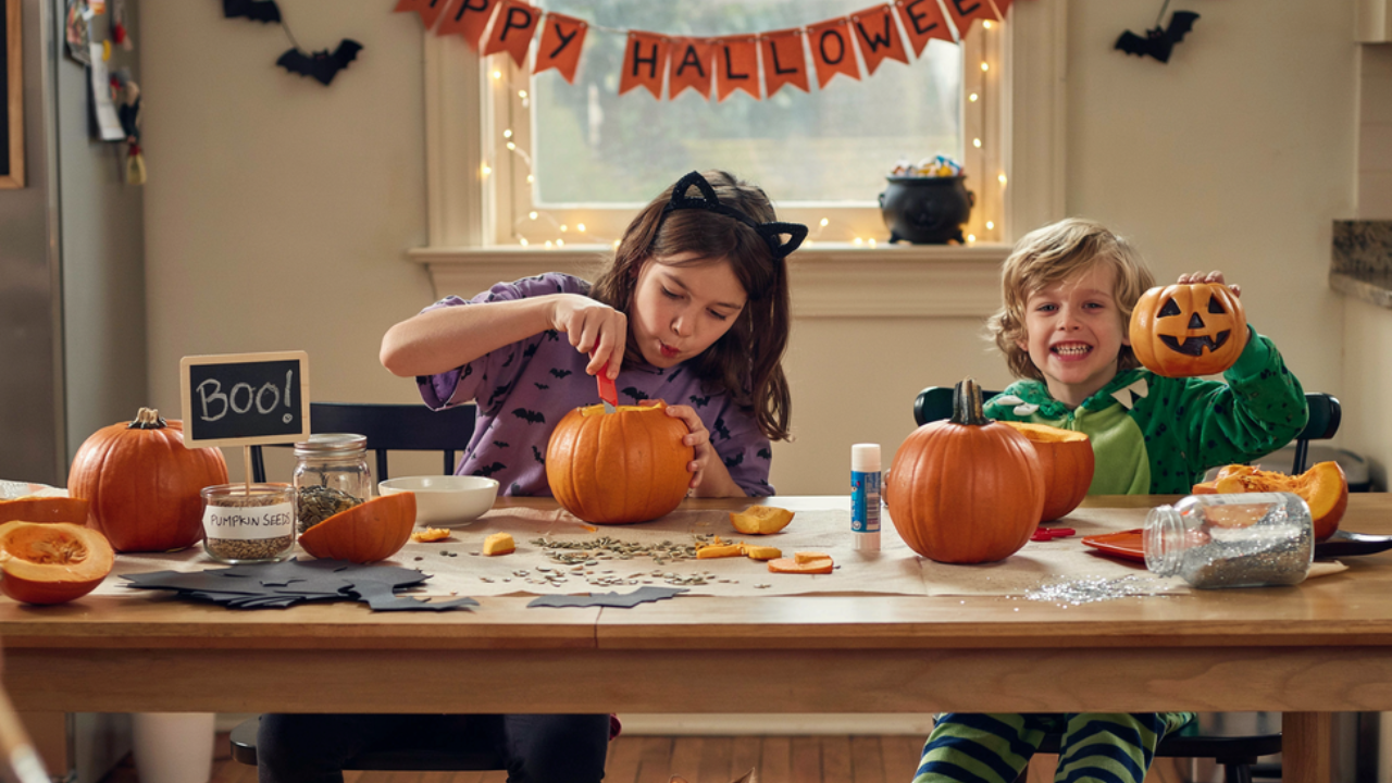 A wide-angle photo of two children carving pumpkins at a wooden kitchen table during a Halloween celebration. A girl in a purple bat-patterned shirt and cat ears uses a spoon to scoop seeds, while a boy in a green and yellow striped pajama set holds up a carved pumpkin. A tabby cat sits on the floor between them, and a 'BOO!' sign stands on the table amidst scattered pumpkin seeds and carving tools.