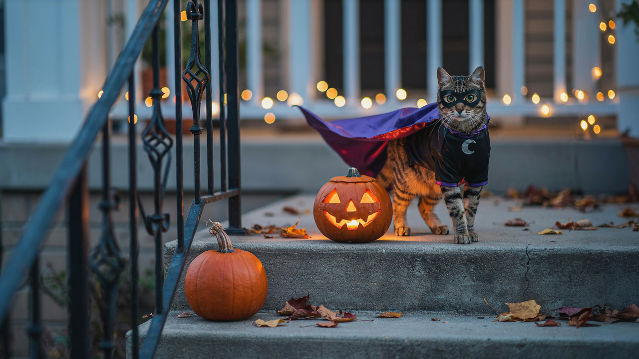 A tabby cat dressed as a superhero in a black costume with a purple cape and a black mask stands on a concrete porch next to a carved jack-o'-lantern and a whole pumpkin. The scene is set at dusk with warm string lights in the background and a black wrought-iron railing in the foreground.