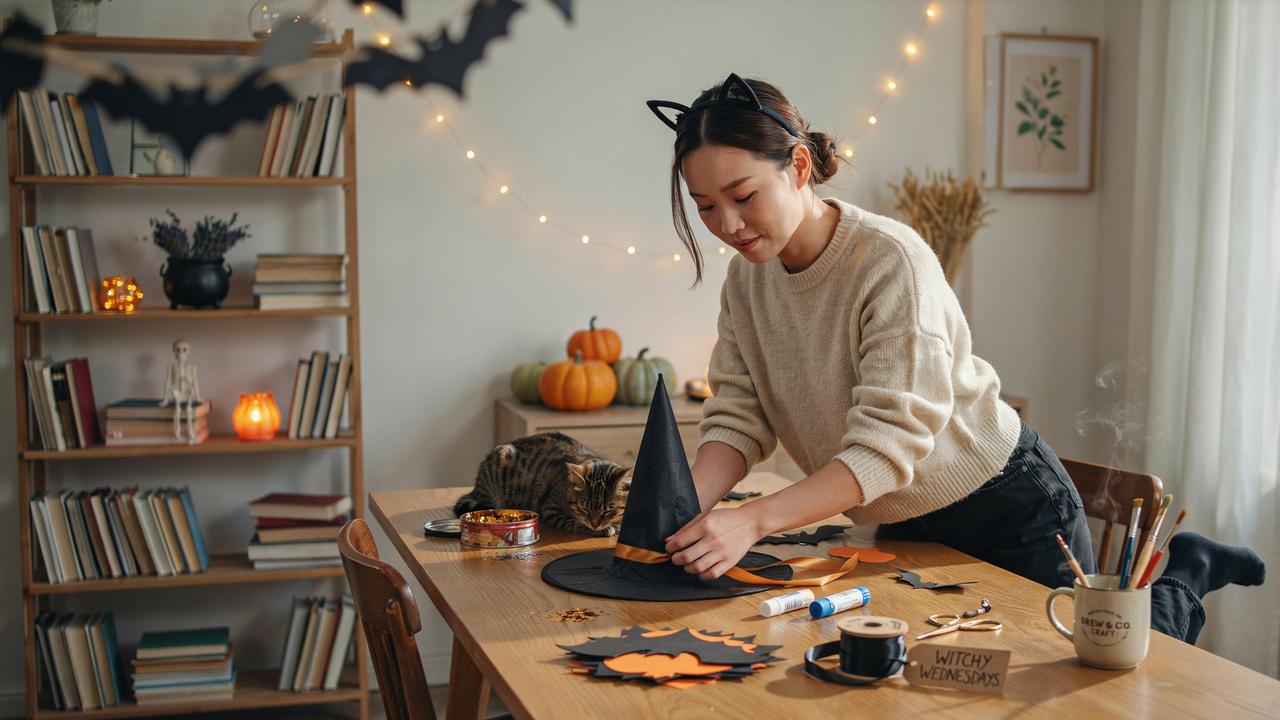 A woman in a cream sweater and black cat-ear headband crafts a Halloween witch hat on a wooden table, with a tabby cat resting nearby. The cozy indoor scene is decorated with pumpkins, string lights, a bookshelf, and a 'Witchy Wednesdays' sign.