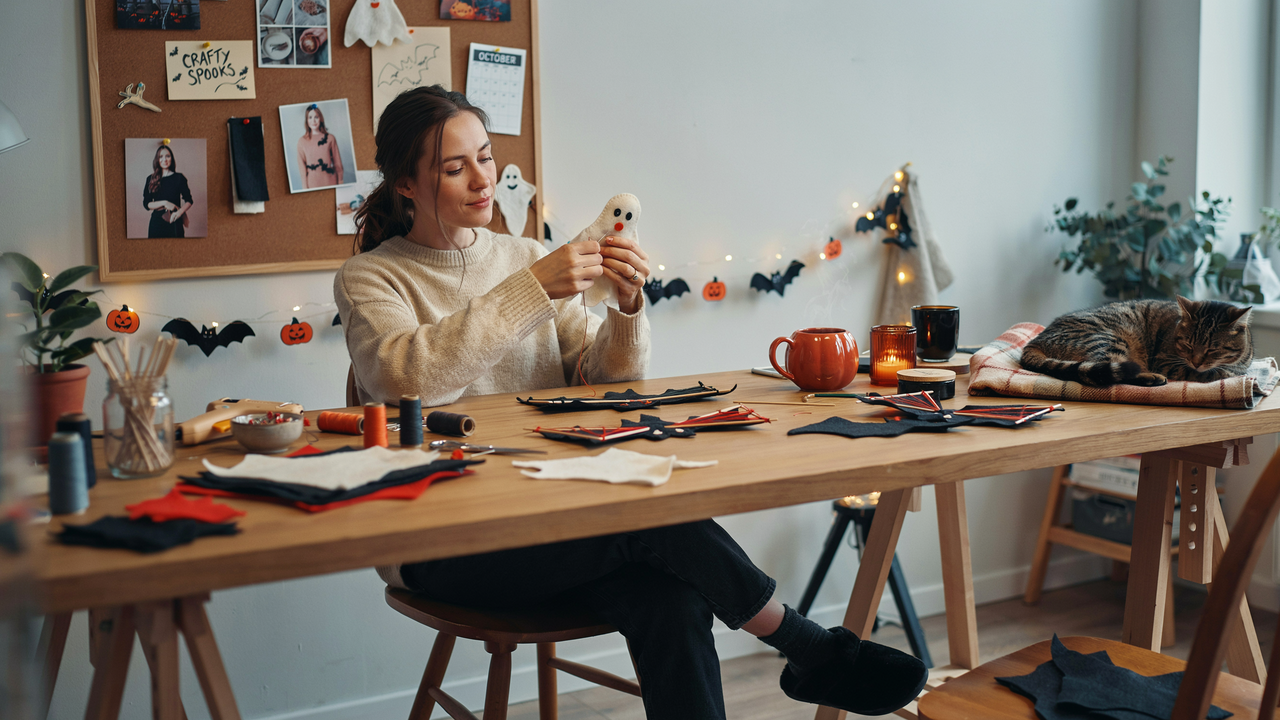 A woman sits at a wooden workbench in a cozy, well-lit room, sewing a small white ghost costume for Halloween. The scene is filled with craft supplies, a sleeping tabby cat on a plaid blanket, and festive decorations including a corkboard with photos, string lights, and bat cutouts.