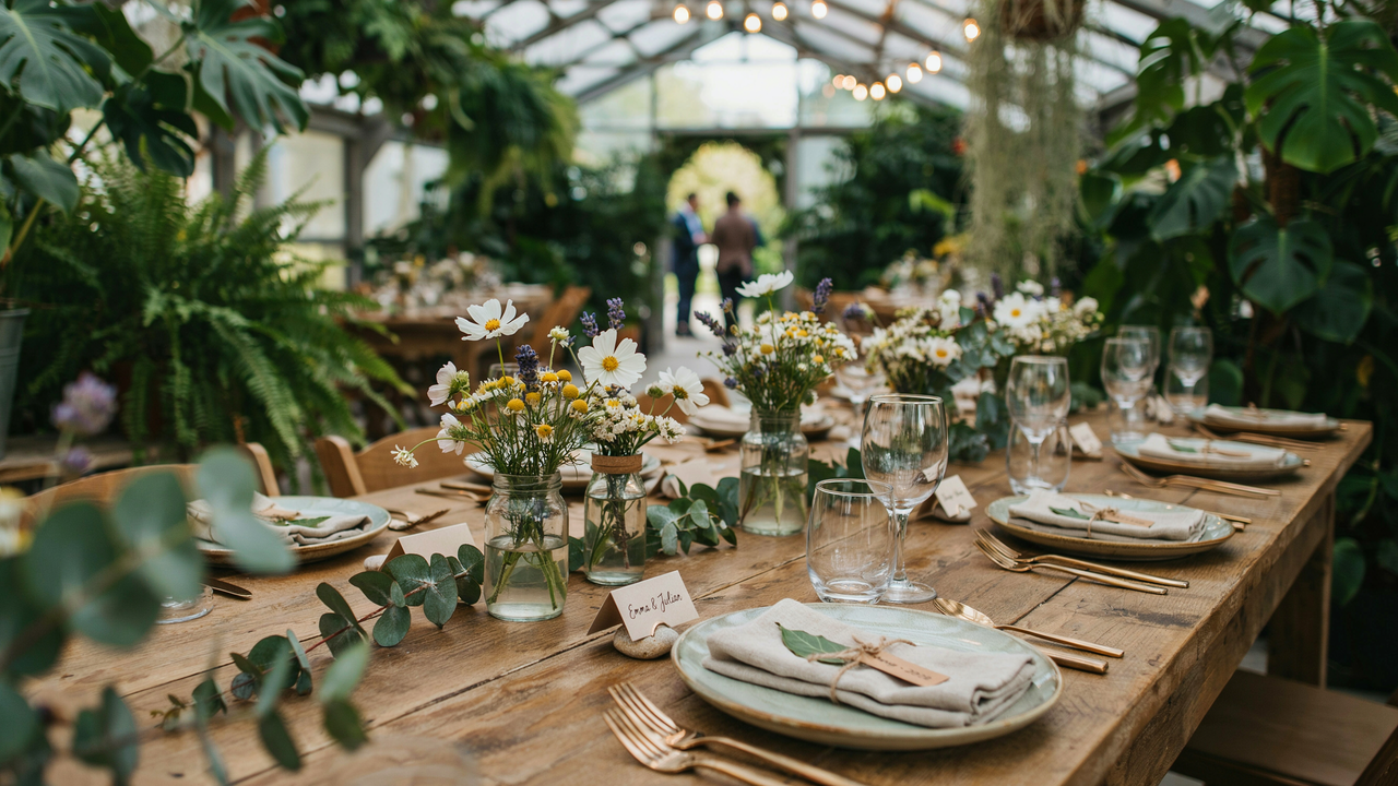  wide-angle photograph of a rustic outdoor wedding reception set in a lush greenhouse filled with tropical plants. Long wooden tables are elegantly decorated with wildflower centerpieces in glass jars, gold cutlery, and light green plates, with blurred figures of guests walking in the background.
