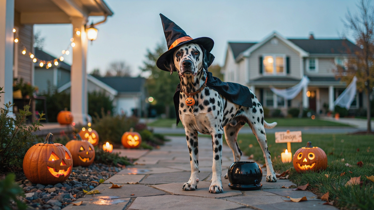 A Dalmatian dog dressed in a witch costume with a pointed hat and cape stands on a stone walkway in a suburban neighborhood at dusk. The scene is decorated for Halloween with glowing jack-o'-lanterns, string lights, and a black cauldron on the ground.