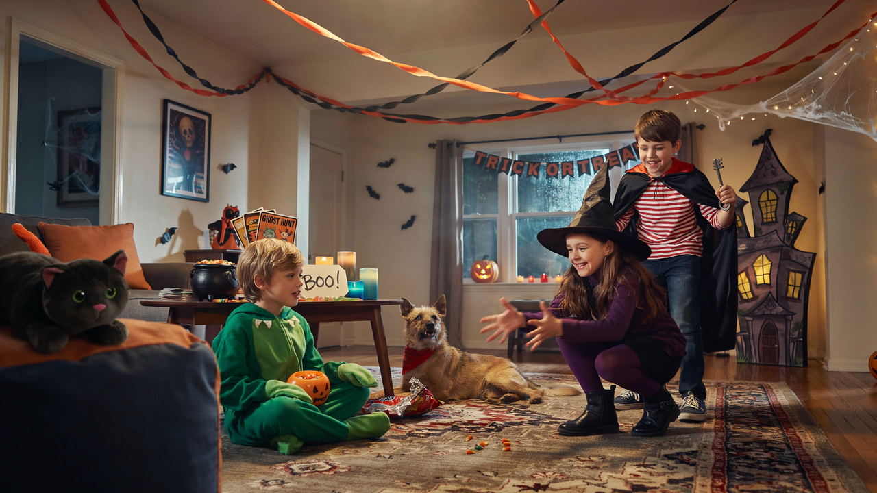 A wide-angle photo of three children in Halloween costumes playing in a living room decorated for a party. A girl in a witch costume crouches on a patterned rug, a boy in a green monster costume sits on the floor holding a pumpkin, and another boy in a red and white striped shirt and black cape runs behind them. A dog in a red bandana lies on the rug, and a grey cat sits on a couch in the foreground.