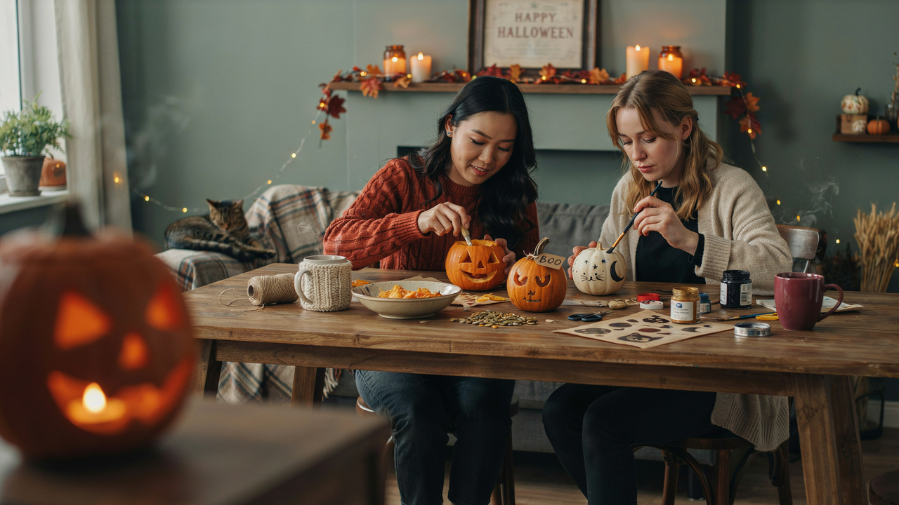 A cozy indoor photo of two women carving and painting pumpkins for Halloween at a wooden table. The scene is decorated with warm string lights, candles, and autumn-themed items, with a lit jack-o'-lantern in the foreground and a cat resting on a sofa in the background.