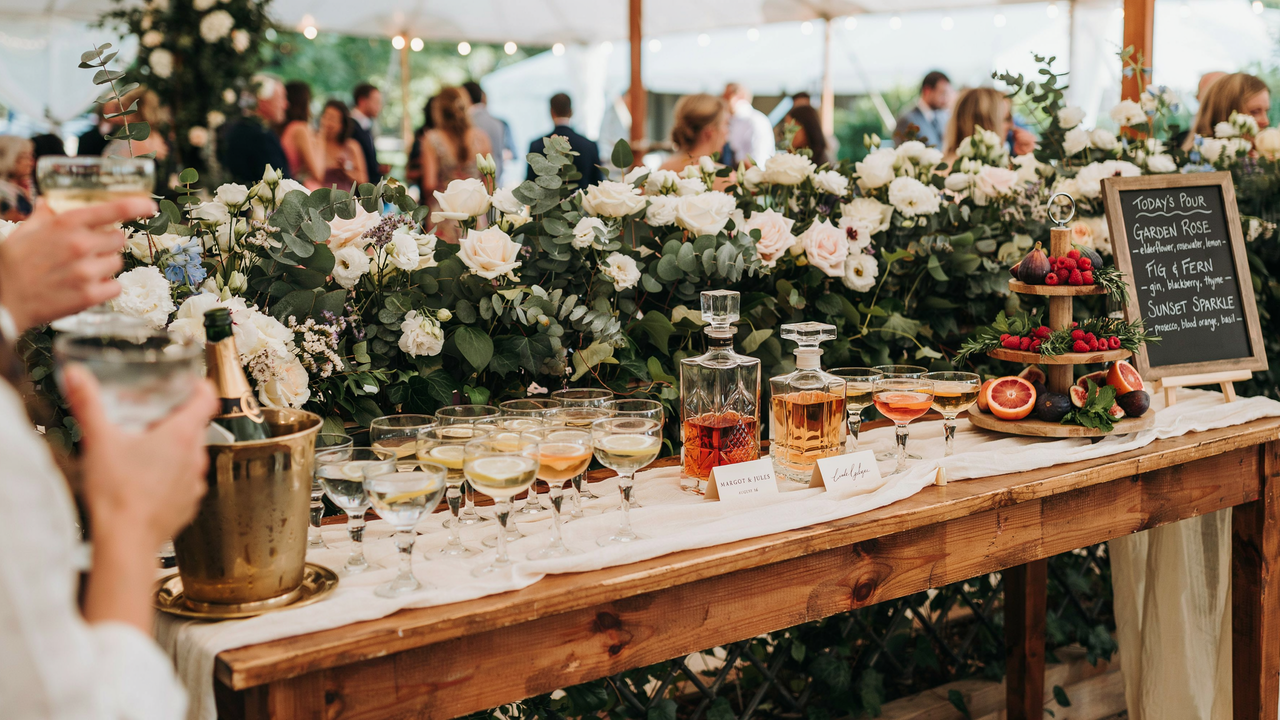 A wide-angle photo of an outdoor wedding reception bar featuring a rustic wooden table covered in a white cloth, filled with rows of champagne flutes, crystal decanters, and a large floral arrangement of white roses and eucalyptus. A chalkboard sign lists drink options like 'Garden Rose' and 'Sunset Sparkle' next to a tiered stand of fresh fruit, all set under a white tent with blurred guests in the background.