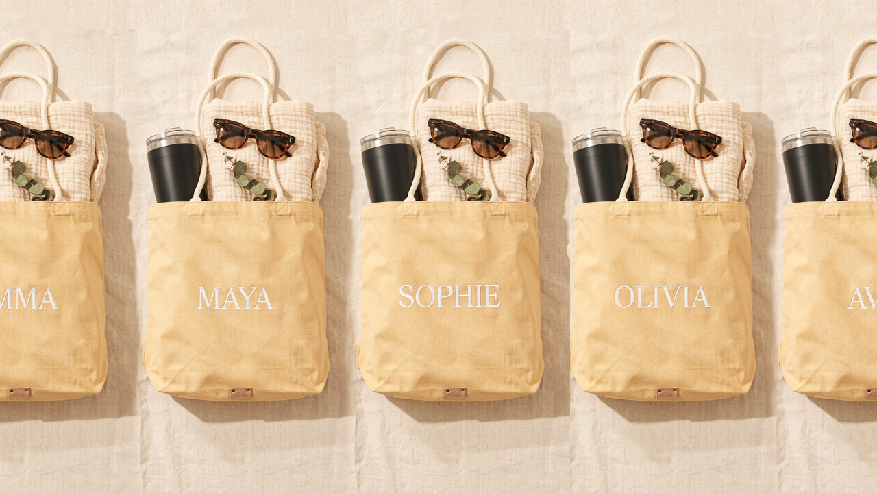 A top-down studio photograph of five identical yellow canvas tote bags lined up on a white textured fabric. Each bag is personalized with a name in white serif font and contains a black insulated tumbler, a pair of tortoiseshell sunglasses, and a small sprig of eucalyptus.
