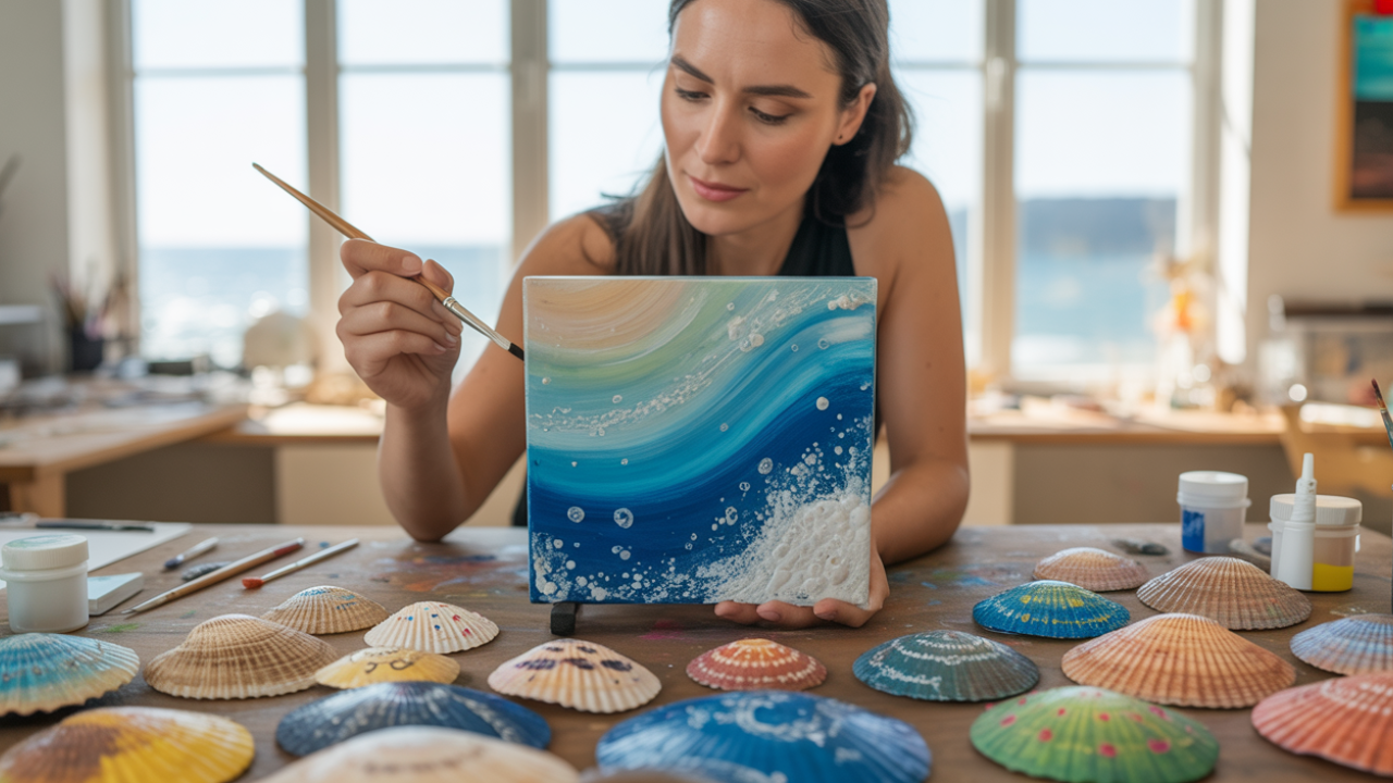 A bright, sunlit indoor art workspace scene with a young woman artist painting a small blue and white wave illustration on a square canvas. The artist is wearing a sleeveless top and has long brown hair, leaning over the wooden table while holding a paintbrush. On the wooden table surface are multiple decorative seashells arranged in a semi-circle pattern, featuring intricate patterns of blue, white, and orange dots and swirls. A metal container with paintbrushes is visible on the left side of the table. The background shows large windows with natural daylight streaming in, creating a warm, airy atmosphere. The room has white walls and contains potted plants in the background. The painting being worked on shows a dynamic blue wave crest with white foam against a light blue background. The overall color palette of the scene is dominated by blues, whites, and natural wood tones, with warm sunlight creating soft shadows across the workspace.