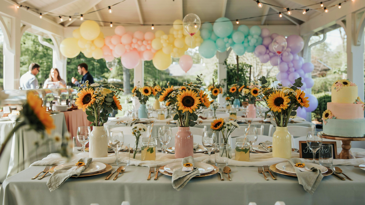 A wide-angle photo of an outdoor wedding reception under a white gazebo, featuring a long table set with sunflower centerpieces, pastel-colored vases, and a three-tiered cake. A vibrant rainbow balloon arch spans the background, and guests are visible in the distance