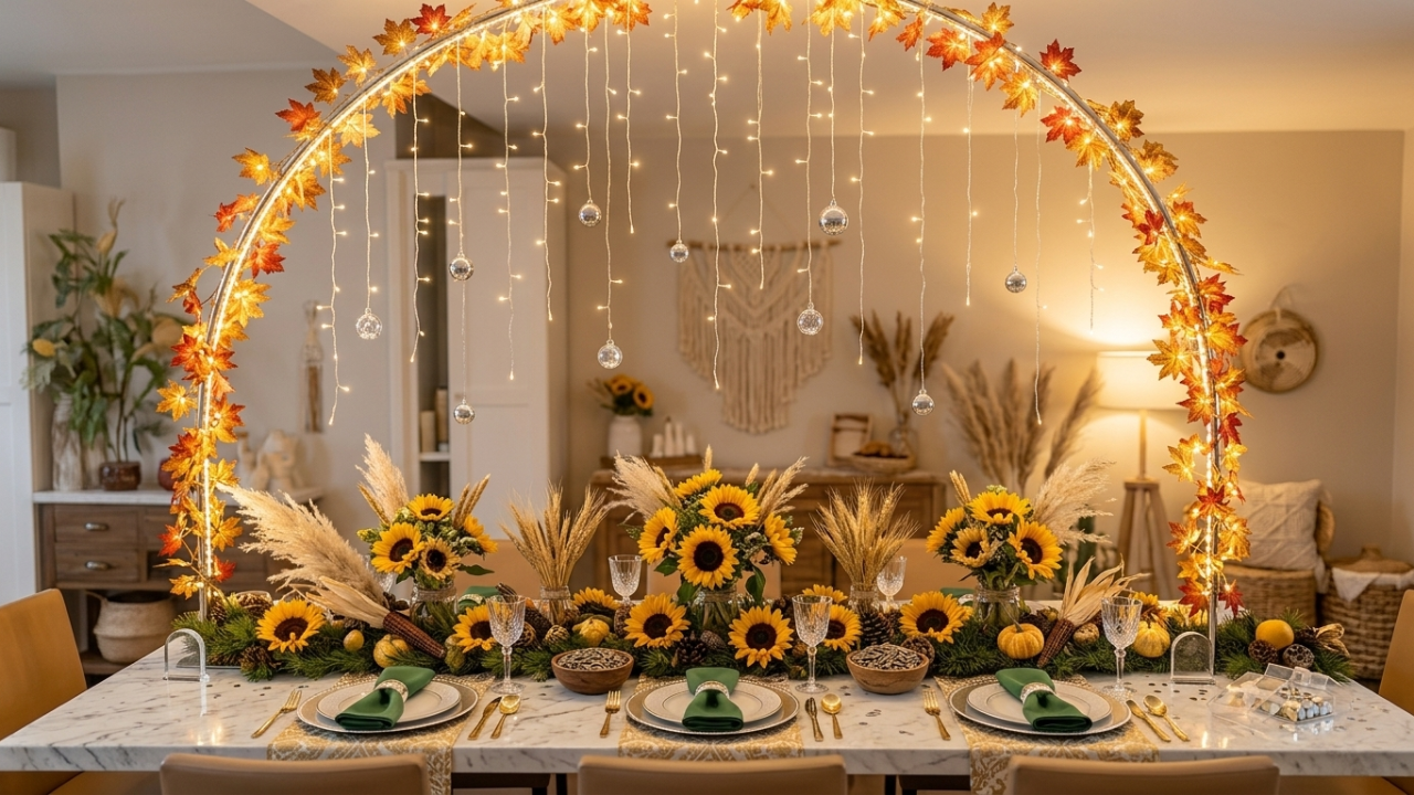 A festive autumn-themed dinner table set with sunflowers, wheat stalks, and pinecones under a large circular arch decorated with glowing string lights and orange maple leaves. The scene is a warm, indoor photograph of a decorated dining room with a marble tabletop and gold cutlery."