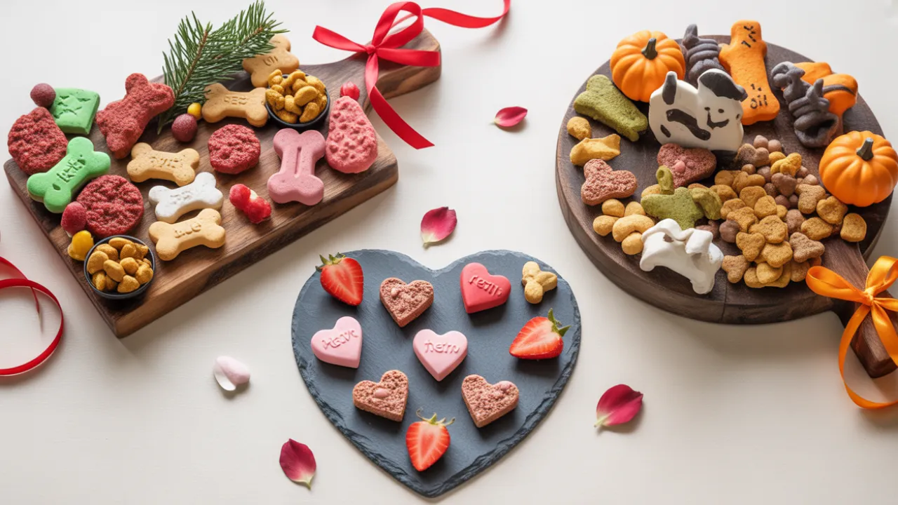 There is a square, heart, and circle pup-cuterie boards with treats on top that are valentine, Christmas and halloween themed.