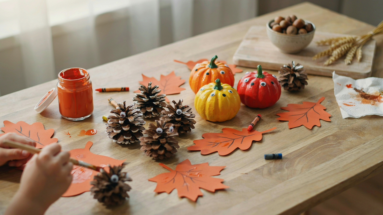 kids crafts on a wooden table including pinecones, leaves, and paint