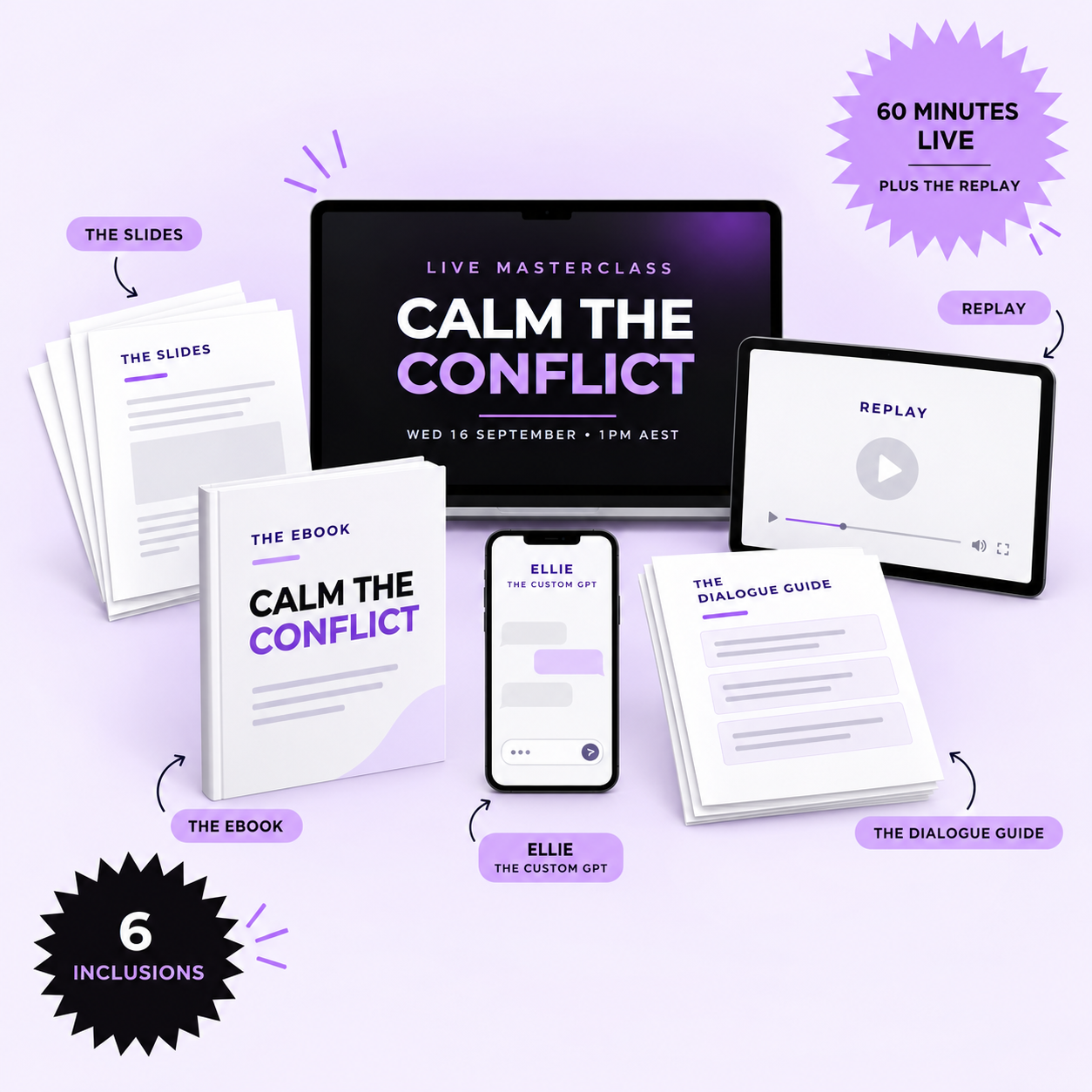 The Calm the Conflict ebook and six page Dialogue Guide, shown as printed booklets