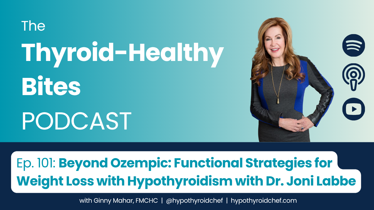 Podcast thumbnail for The Thyroid-Healthy Bites Podcast featuring Ginny Mahar and the episode "Beyond Ozempic: Functional Strategies for Weight Loss with Hypothyroidism with Dr. Joni Labbe.