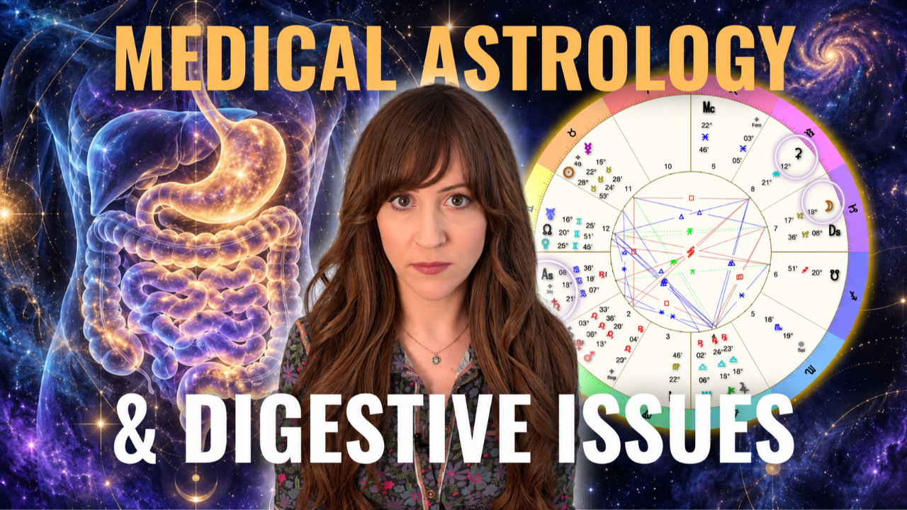 Heather Eland looking serious in front of a natal chart and an inage of the digestive system. There is a title that reads Medical Astrology and Digestive Issues