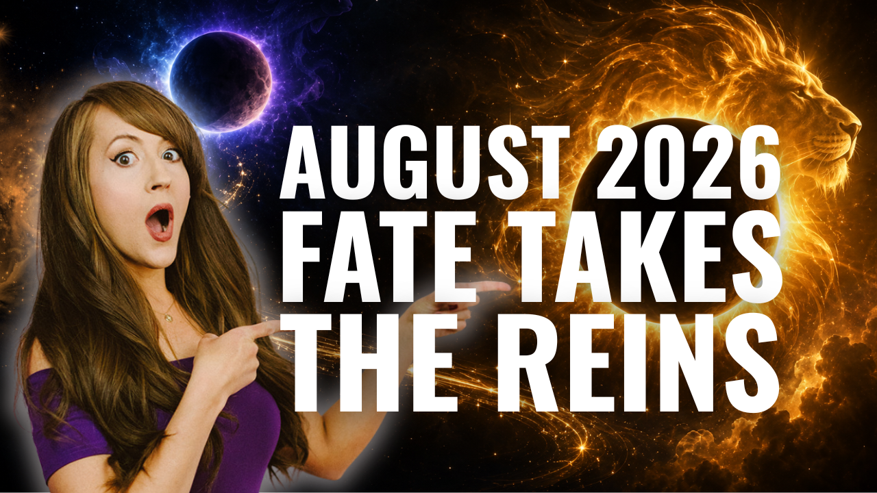 Heather Eland looking shocked and pointing at a title "August 2026 Fate Takes The Reins" in front of an 