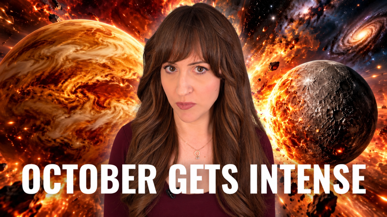 Heather Eland looking serious in front of planets and a fiery background with the title "October gets intense"
