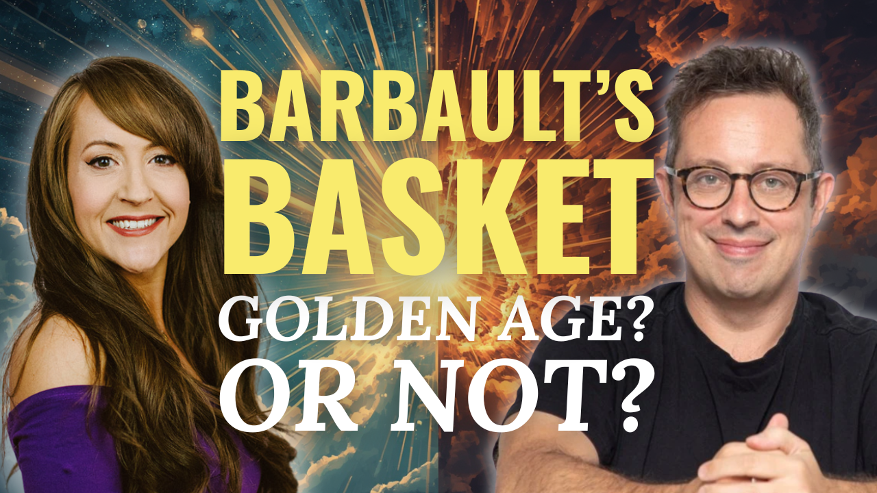 Heather Eland and Dan Waites smiling with the title Barbault's Basket - Golden Age or Not? written between them.