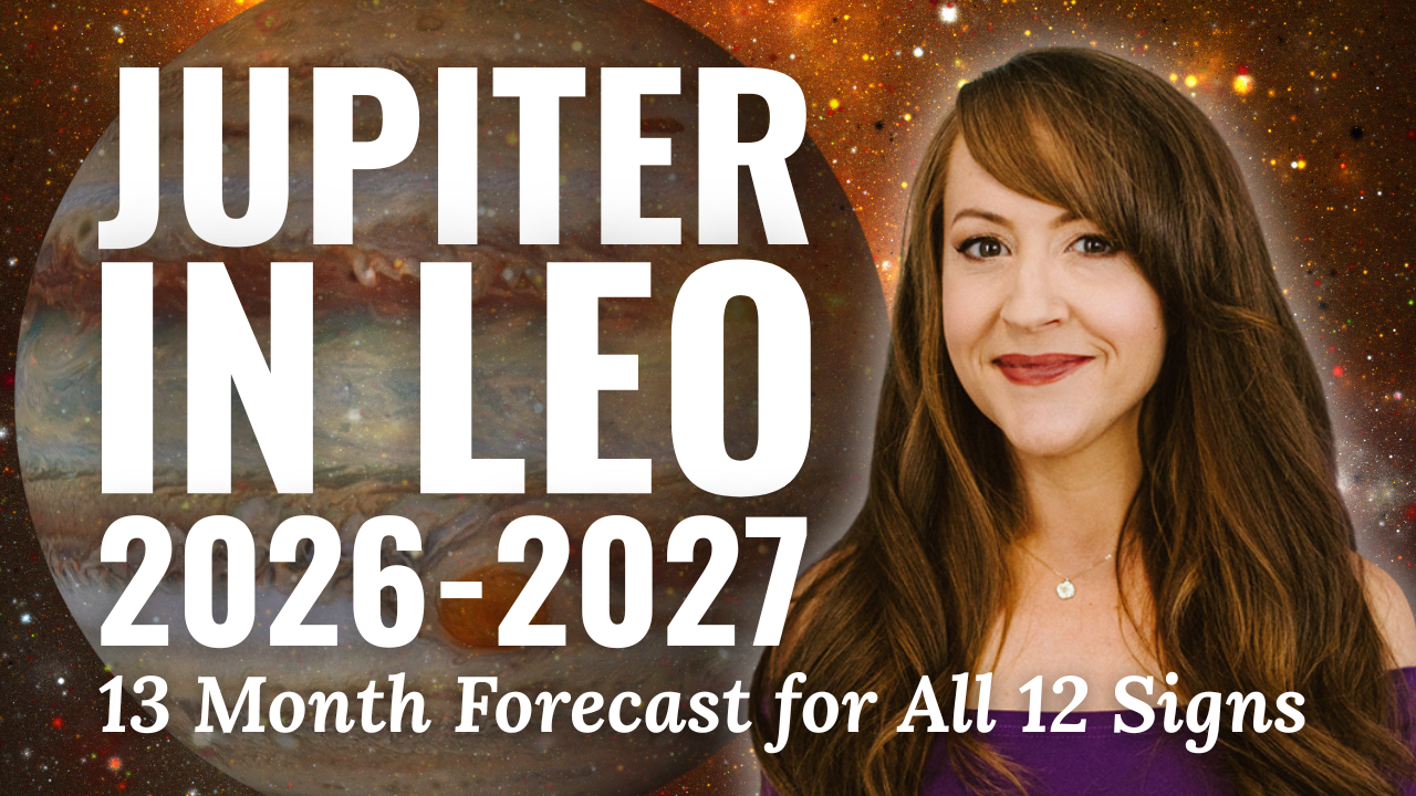 Heather Eland smiling beside a titel Jupiter in Leo 2026 - 2027 12 Month Forecast for all 12 sign