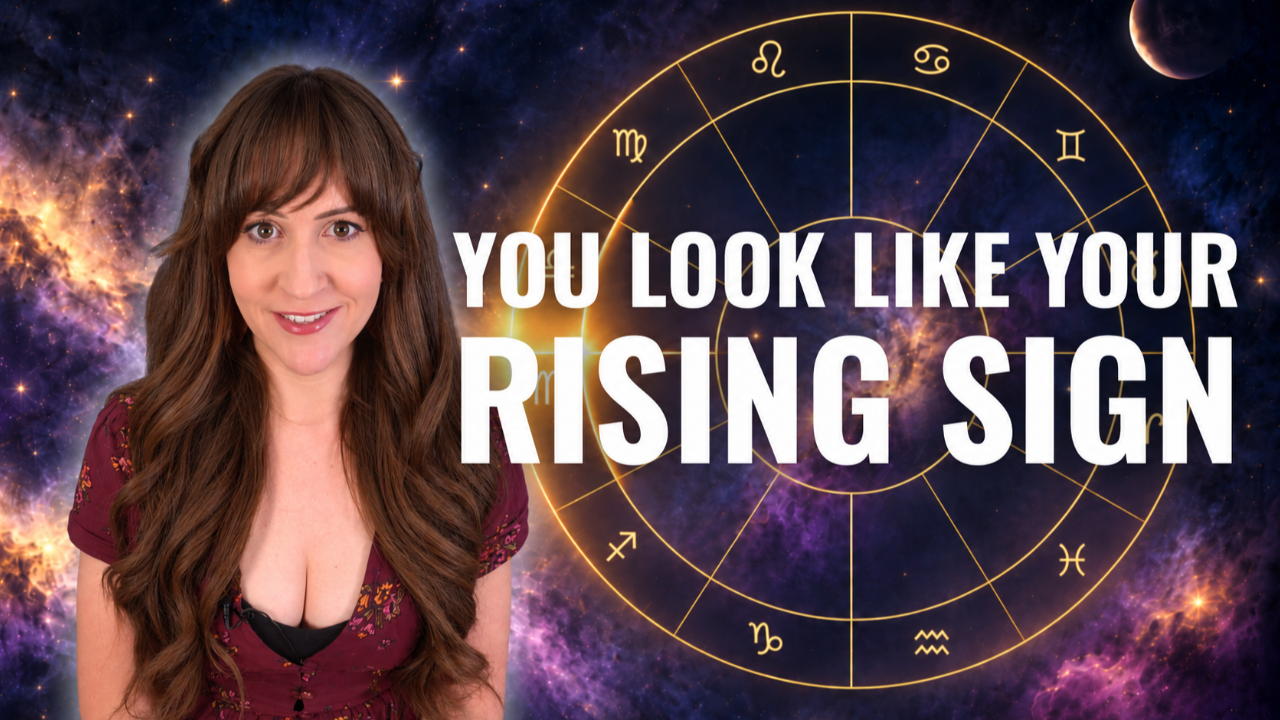 Heather Eland smiling in front of a natal chart with a purple comic background and the title "You look like your rising sign"