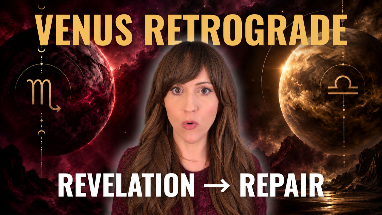 Heather Eland looking shocked with an image of Venus and the symbols for Scorpio and Libra and a title "Venus Retrograde - Revolution - Repair"