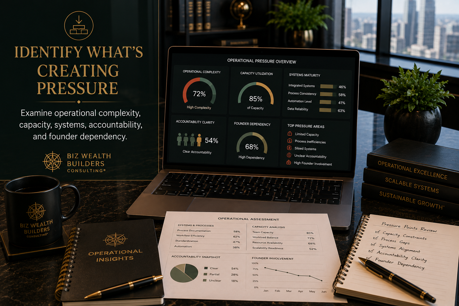 Operational pressure dashboard identifying capacity constraints, process inefficiencies, systems gaps, accountability issues, and founder dependency.