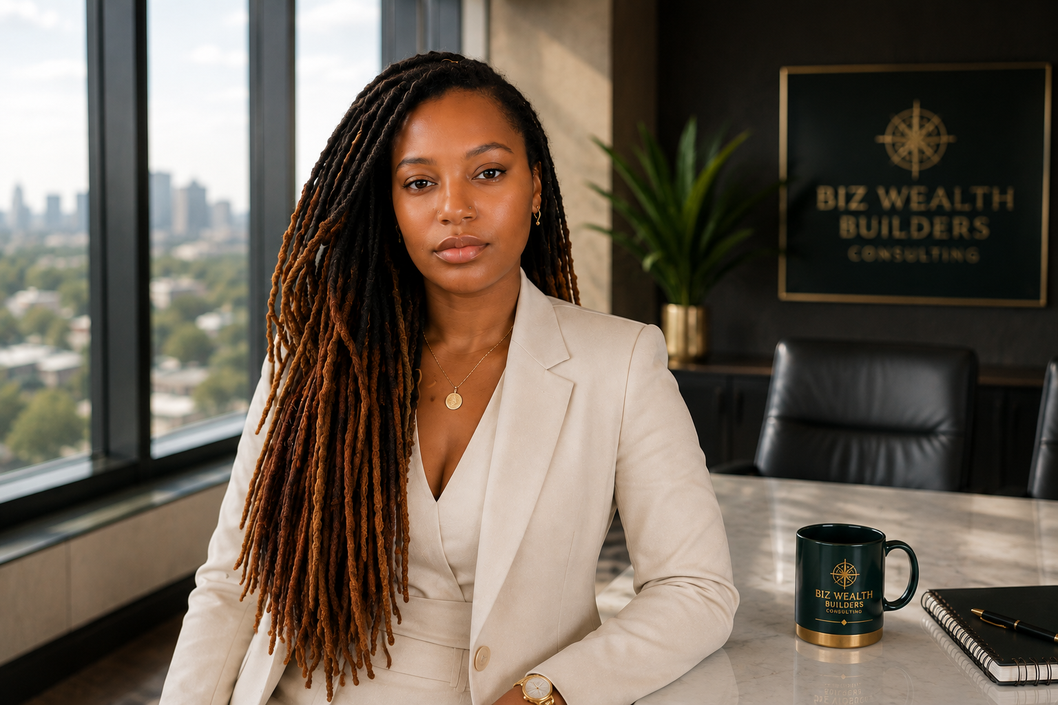 Jasmyn Camp in a Biz Wealth Builders Consulting executive office setting.