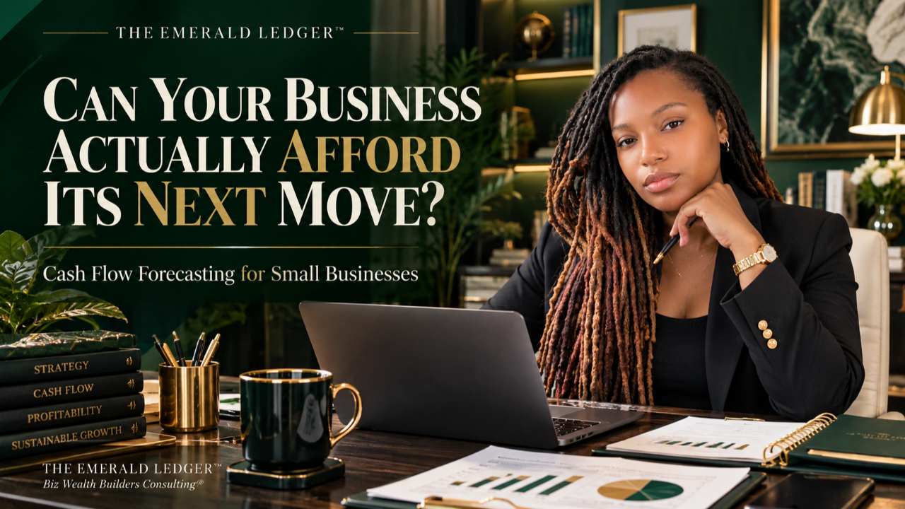 Black female CEO reviewing financial reports and cash flow projections in an executive office to evaluate her business’s next investment decision.