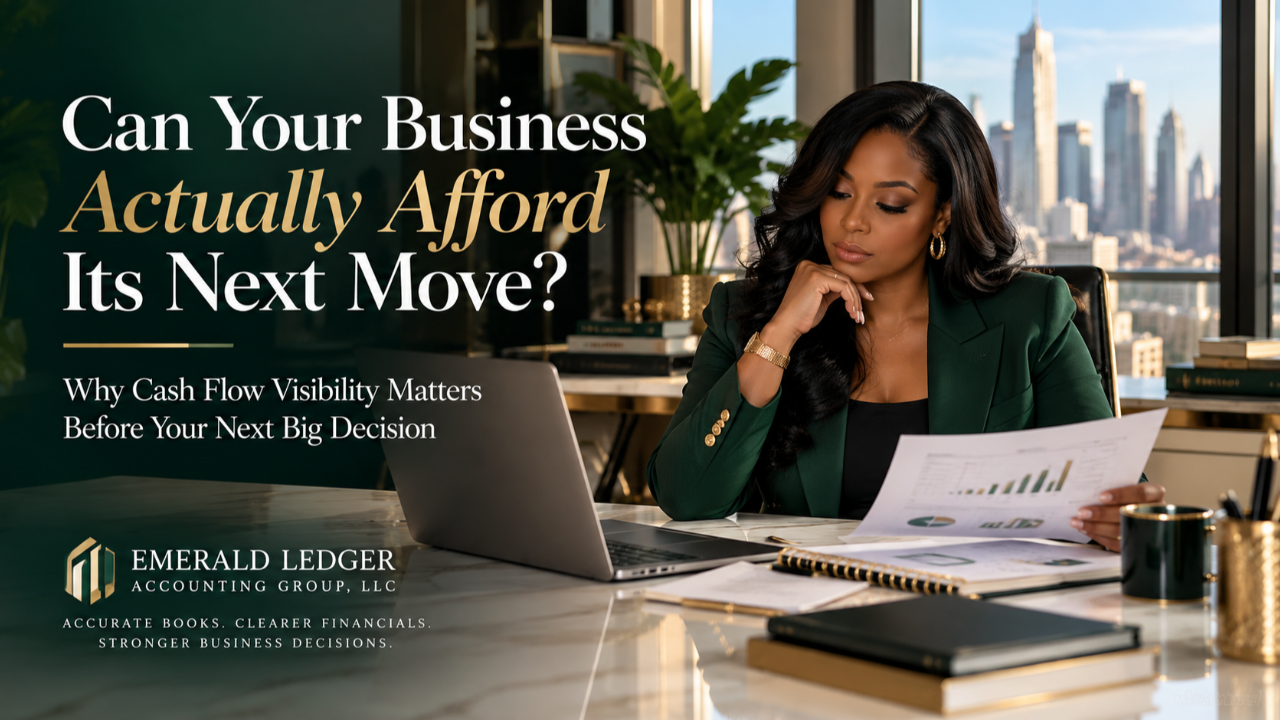 Black woman CEO reviewing financial reports and cash flow projections in a modern executive office, illustrating financial planning and business growth decisions.
