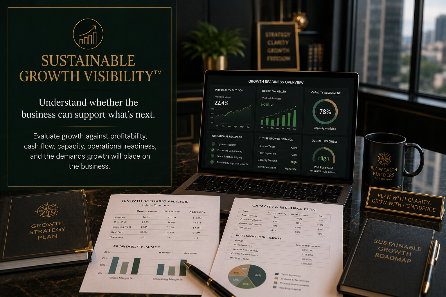 Sustainable Growth Visibility™ dashboard evaluating profitability, cash flow, capacity, and operational readiness for future business growth.