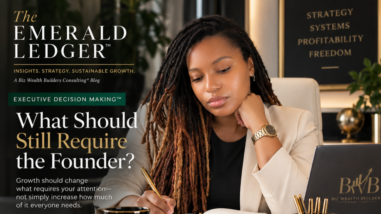 Jasmyn Camp, founder of Biz Wealth Builders Consulting, at an executive desk illustrating founder decision-making, leadership capacity, and sustainable business growth.
