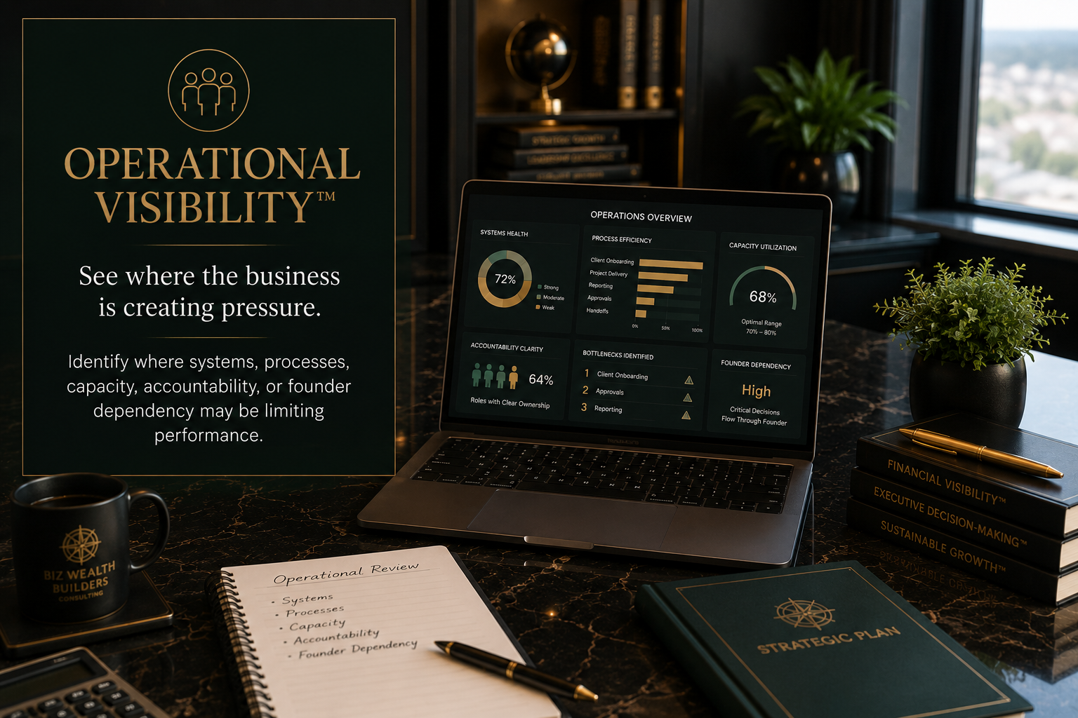 Operational Visibility™ dashboard highlighting systems, processes, capacity, accountability, bottlenecks, and founder dependency.