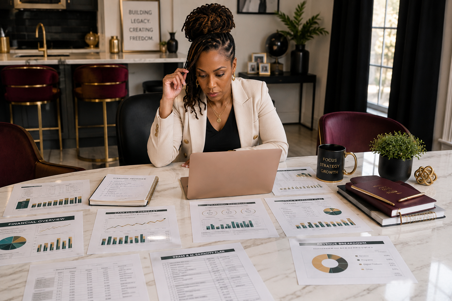 Business leader reviewing financial reports, cash flow forecasts, and operational data for strategic decision-making.