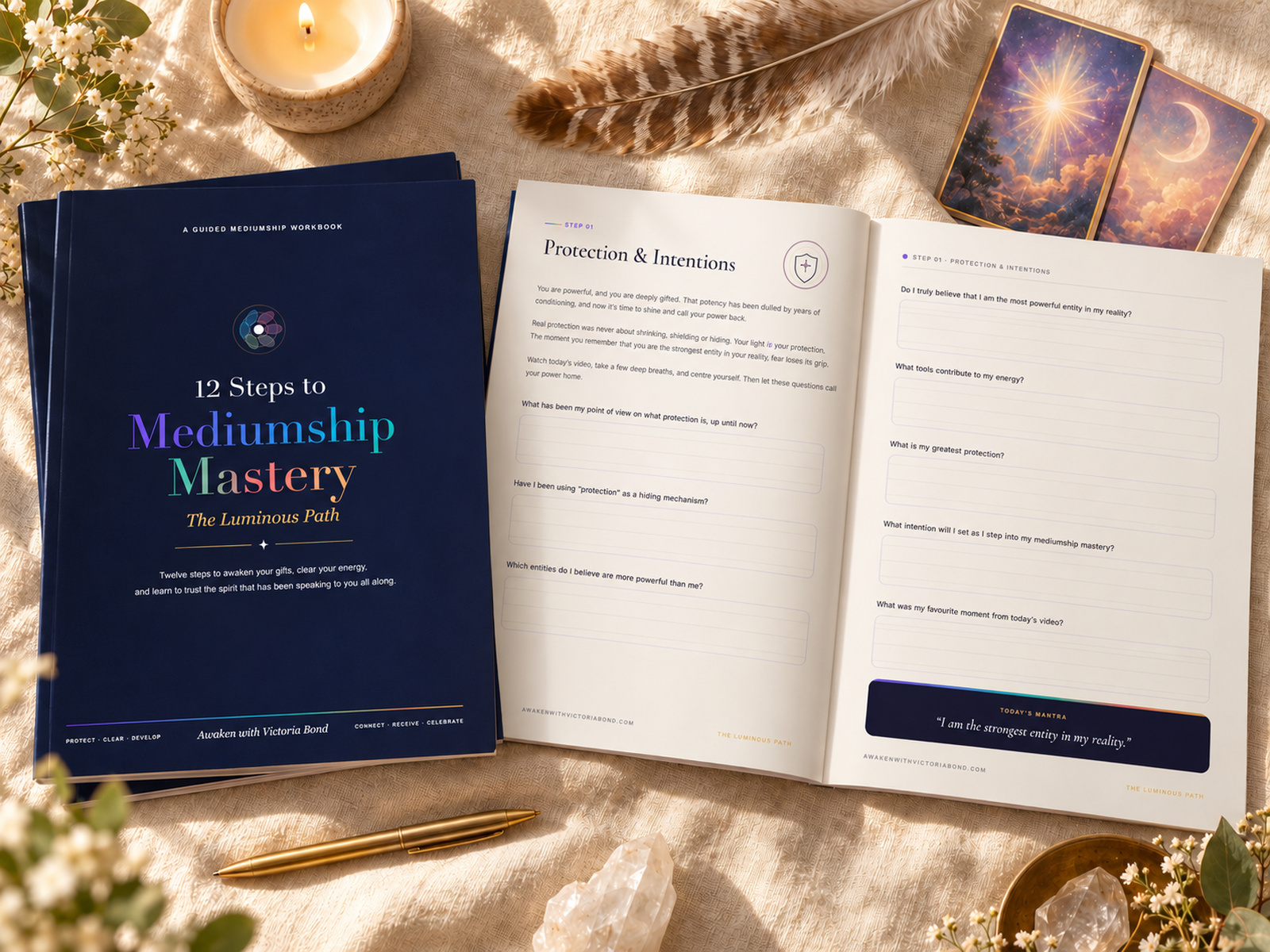 The 12 Steps to Mediumship Mastery workbook, open at step one, Protection and Intentions