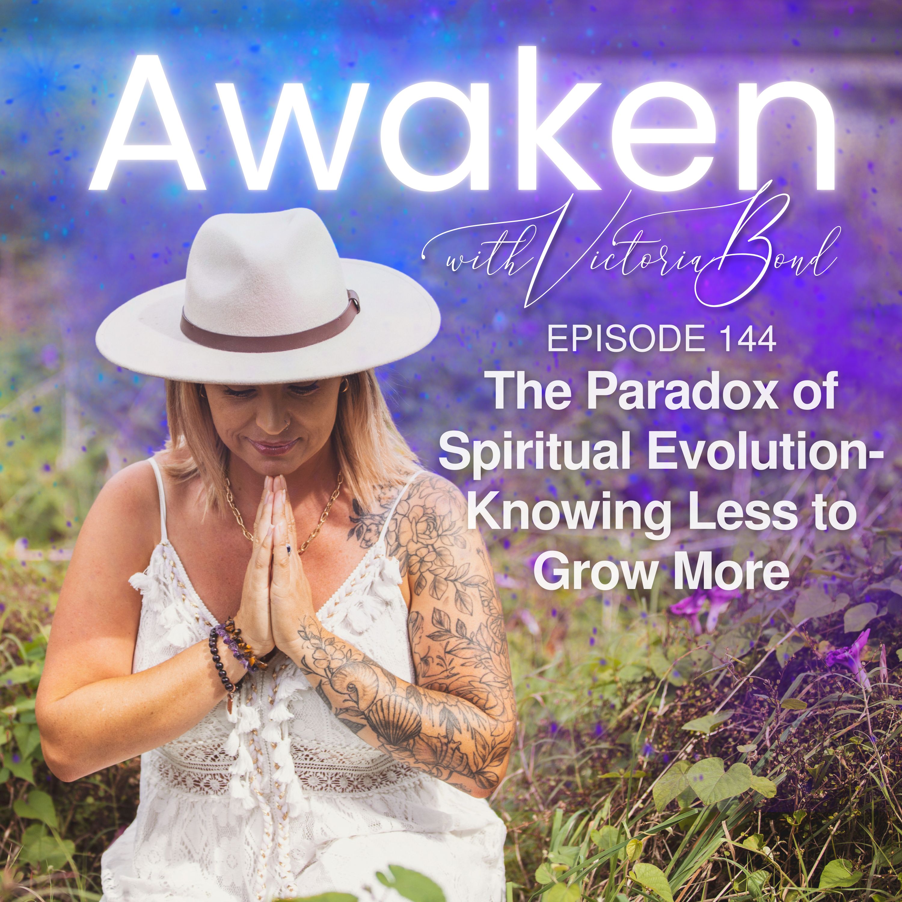 Awaken with Victoria Bond podcast cover, Victoria in a white hat with hands in prayer against a violet backdrop.