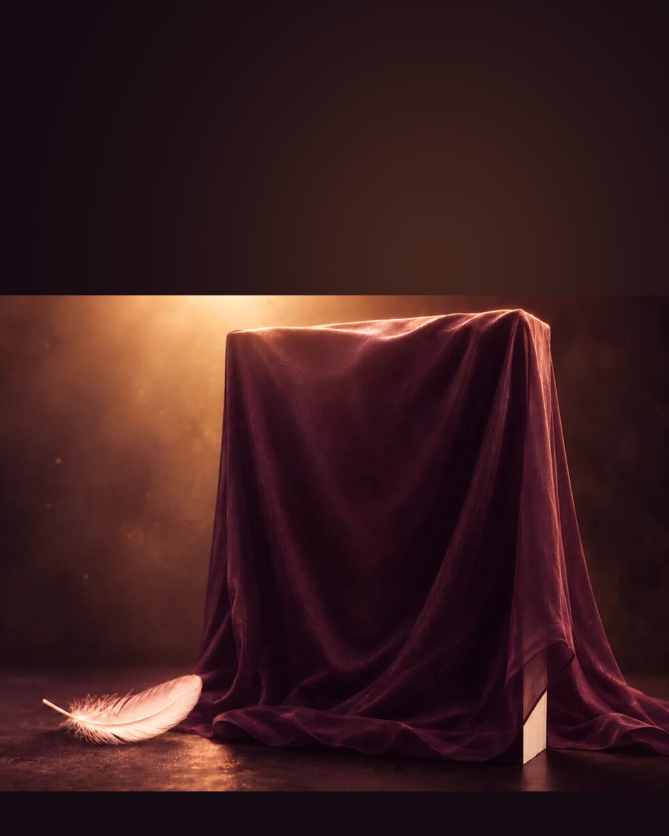 A book shape veiled in red velvet, a white feather beside it.